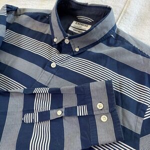 Express Shirt Mens Large Blue White Striped Soft Wash Cotton Button Down Outdoor